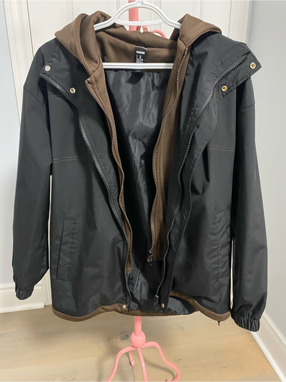 Black Windbreaker Jacket with Brown Hooded Liner